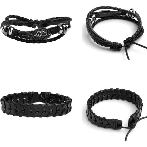 Mens womens braided leather bracelet set adjustable woven cuff wristband - Picture 3 of 8